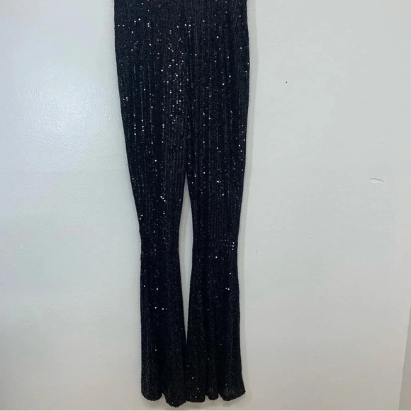 Asos Sequin Pants Woman 4  Black Elastic Waist High Rise  Flare Sparkle Disco - Picture 1 of 14